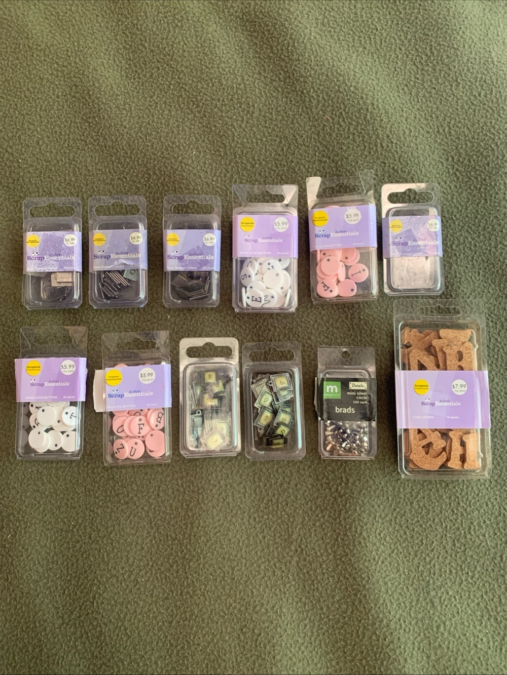 Jo-Ann Scrap Essentials sealed and open letters. Making Memories brads.